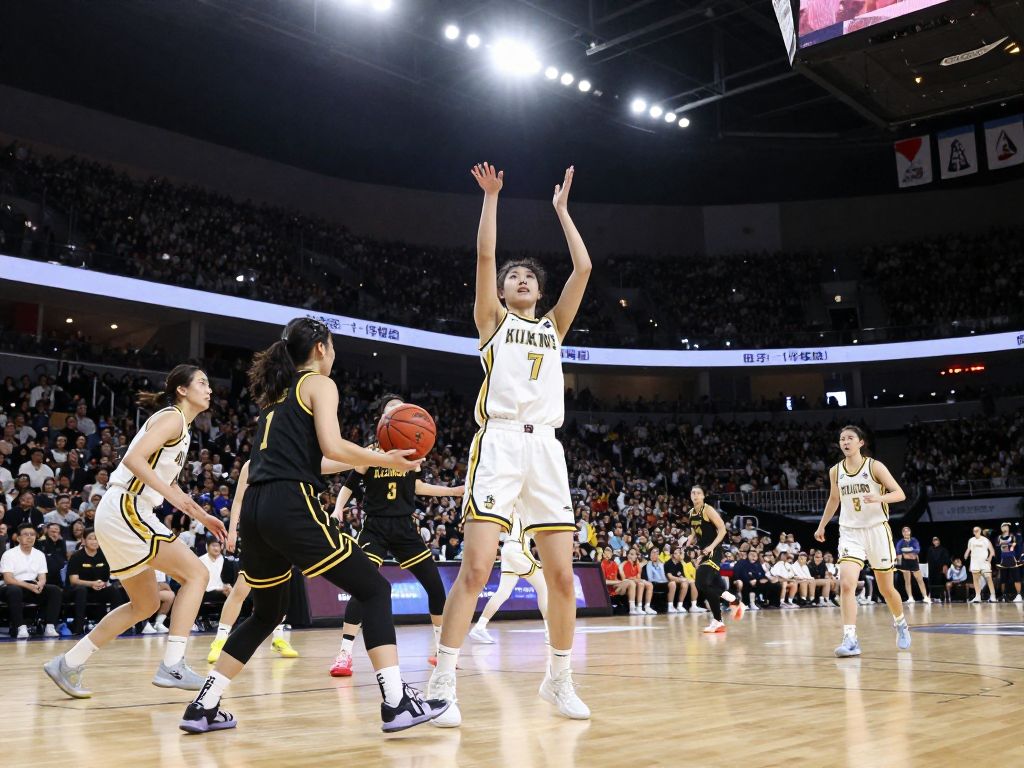 Two college women’s basketball teams competing on the court