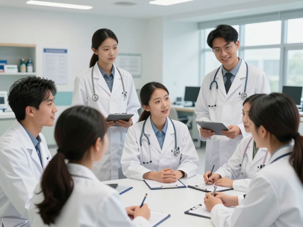 Medical students collaborating in a modern classroom