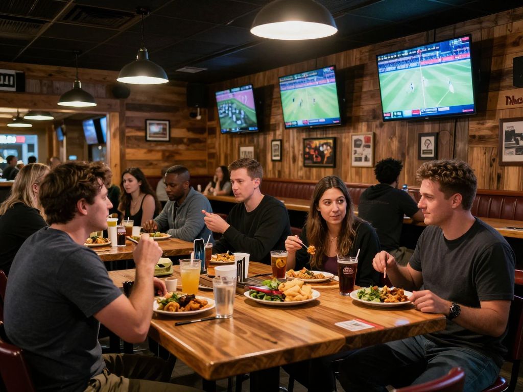 Interior view of Twin Peaks restaurant with patrons and sports screens