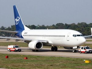 Boeing 737 MAX 8 at George Bush Intercontinental Airport after slipping off the taxiway.