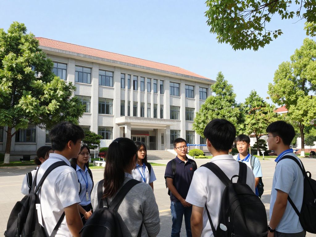 Students discussing on a university campus