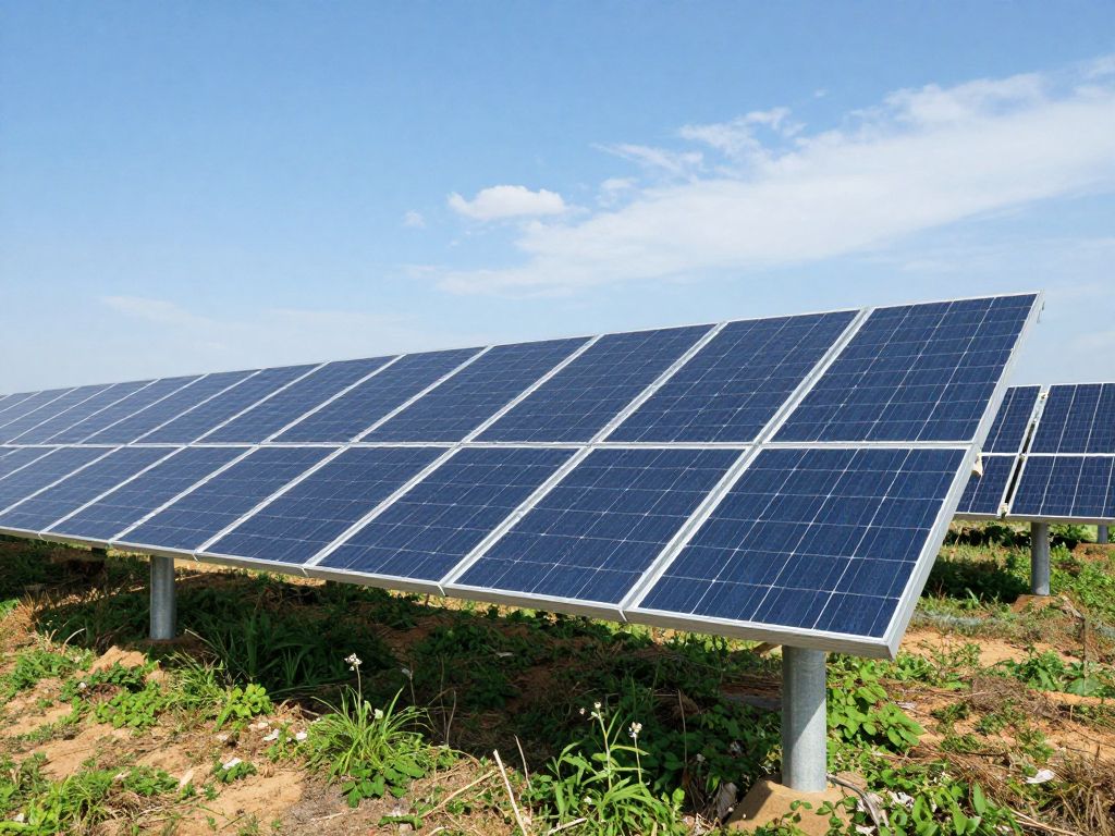 Solar panels in a vibrant landscape representing clean energy innovation.