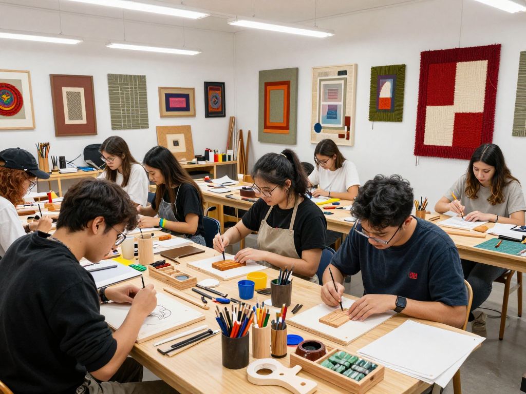 Students creating art in a dynamic studio at the University of Texas