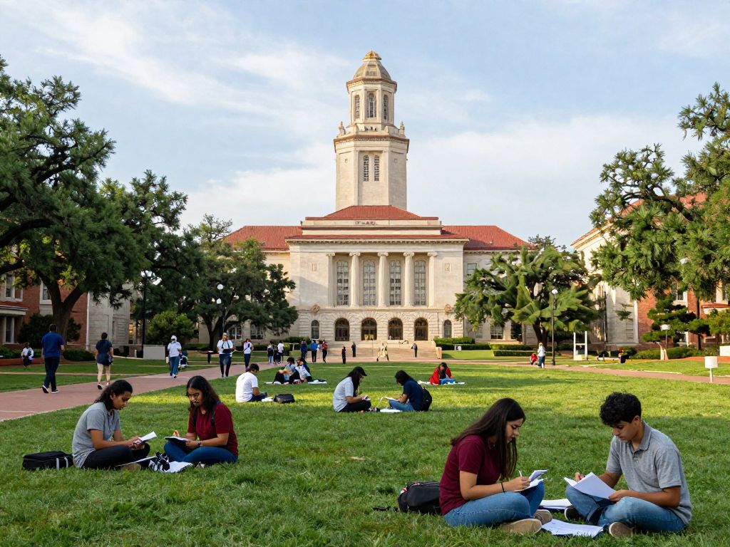 Campus of the University of Texas at Austin with students studying.