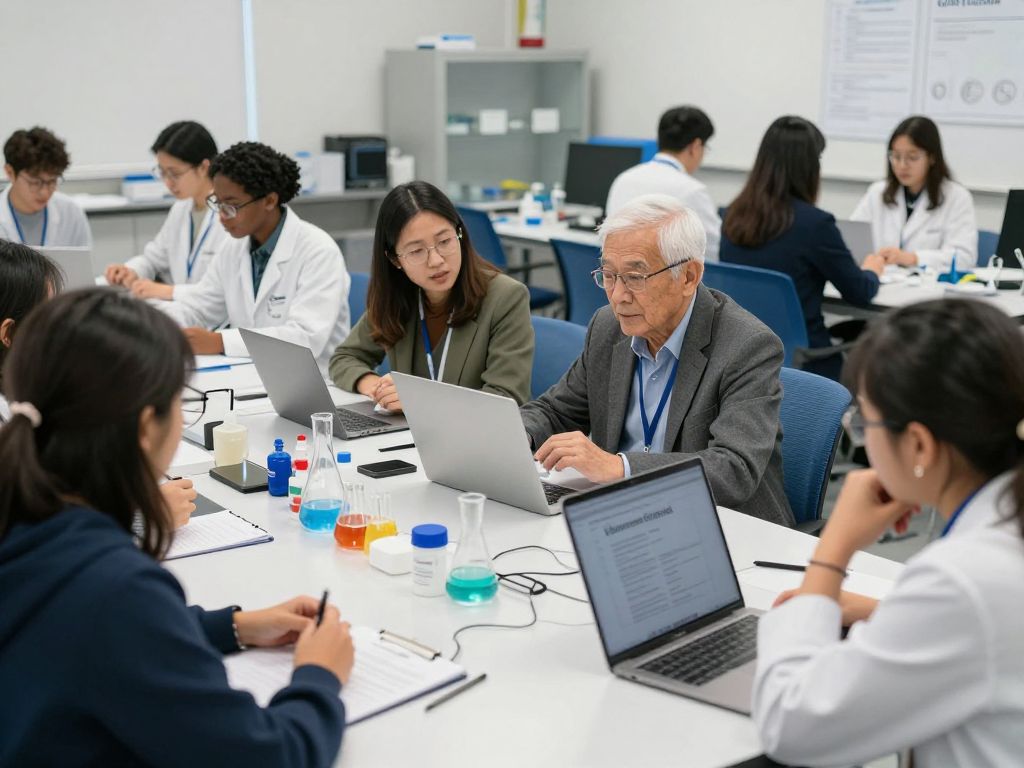 Students and researchers collaborating on aging research at UT Austin