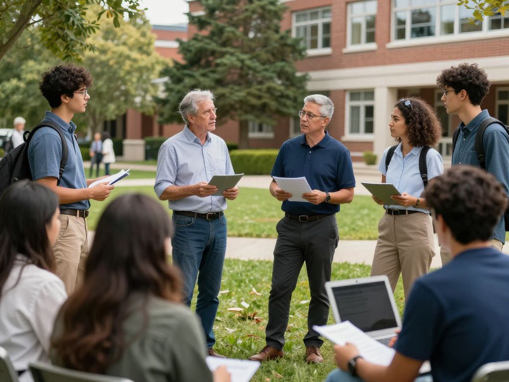 Campus scene at the University of Texas Austin with diverse faculty