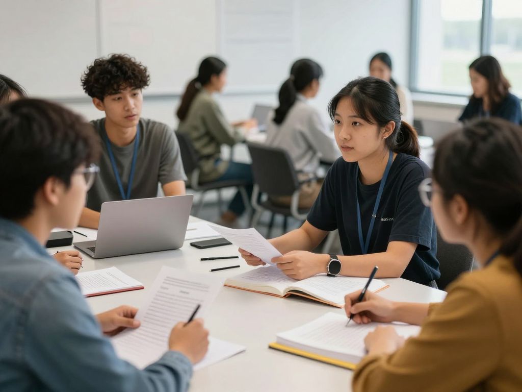 Students discussing at University of Texas at Austin