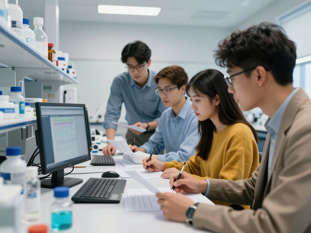 Students at UT Austin working in a lab on cancer research