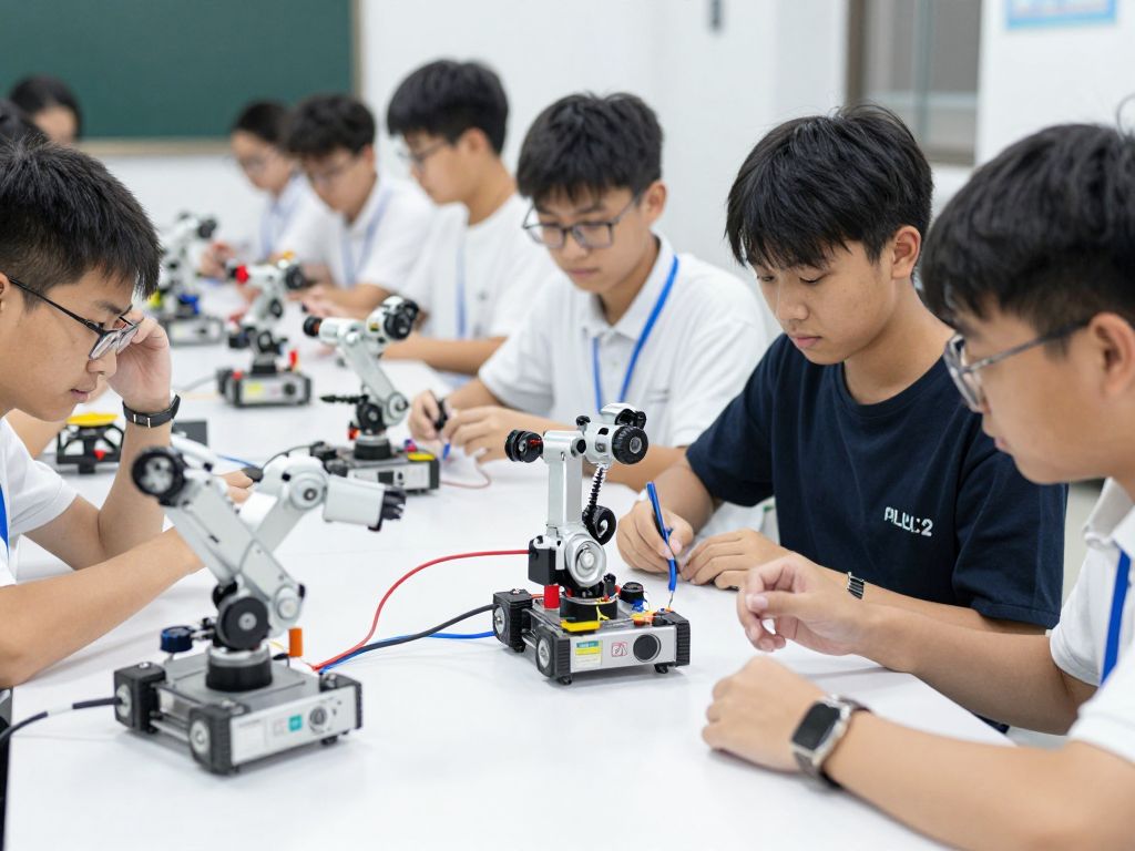 Students in a robotics lab working on robotic devices.