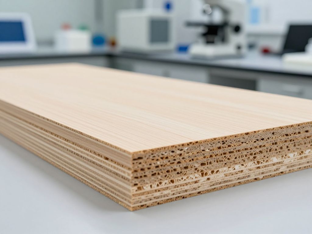 Close-up of innovative wood-based building material in lab