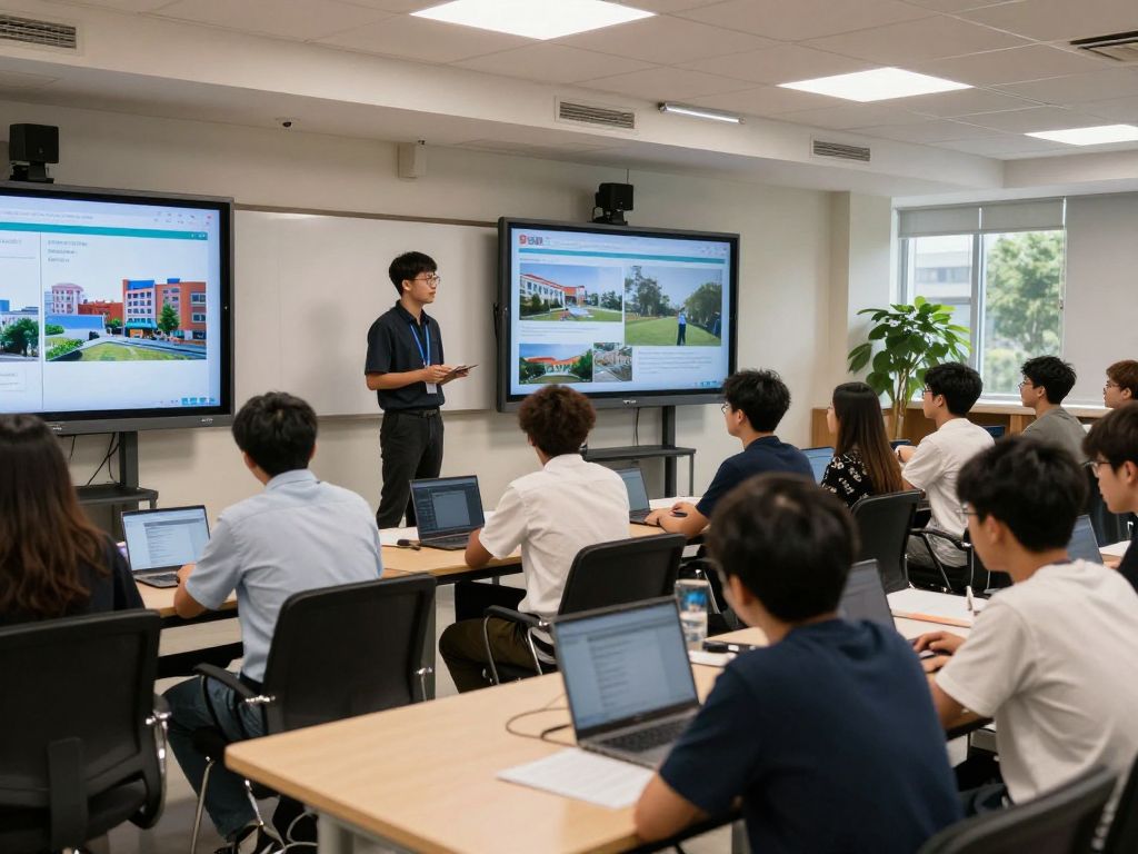 Engaged students and faculty in a modern university setting focused on communication.