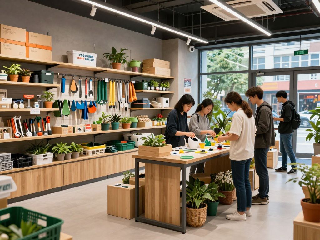 Interior view of VEVOR's flagship store in Houston featuring a variety of tools and a demonstration area.