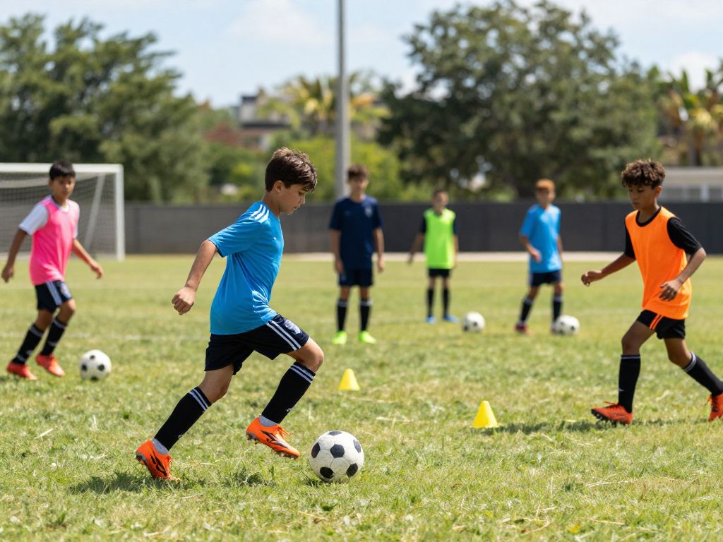 Children practicing soccer skills in a training session in Houston.