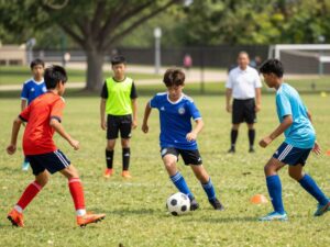 Diverse young athletes training in soccer in Houston