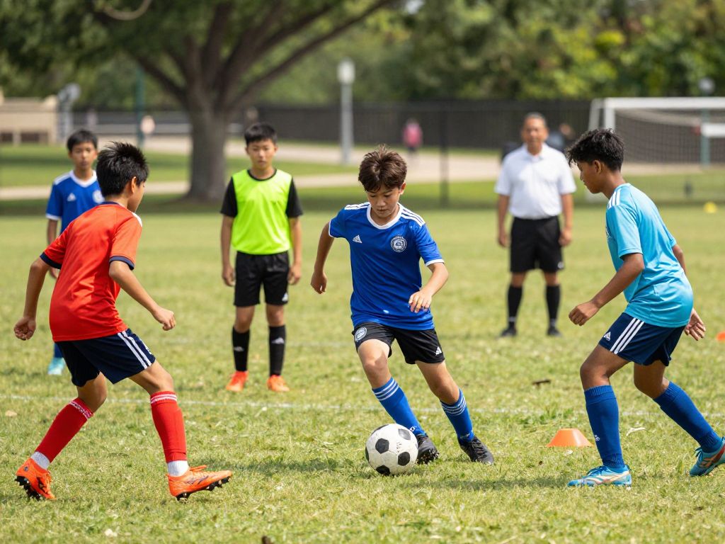 Diverse young athletes training in soccer in Houston