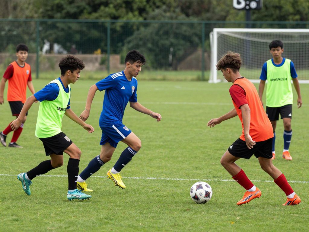 Diverse young athletes playing soccer during training session in Houston