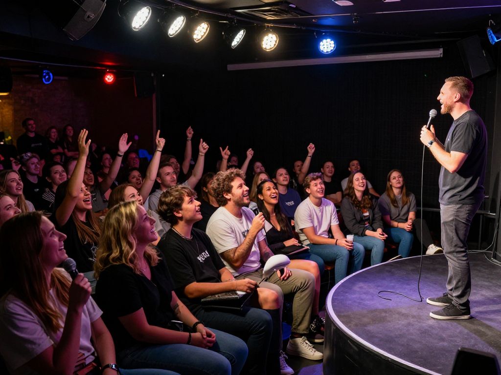 Comedian Adam Mamawala performing in a packed comedy club