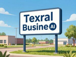 Illustration of Texas landscape showing new signs for businesses flourishing due to AI investments.