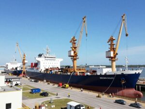 The AmFELS shipyard in Brownsville, Texas, showcasing maritime construction activities.