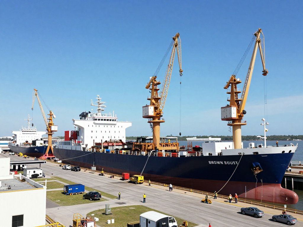 The AmFELS shipyard in Brownsville, Texas, showcasing maritime construction activities.