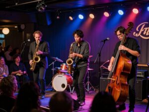 Jazz musicians performing live at Doc's Jazz Club in Houston, creating an engaging atmosphere for the audience.