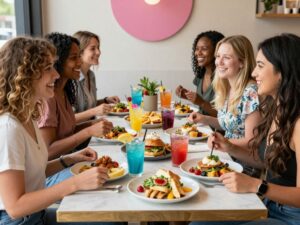 Friends celebrating Galentine's Day with brunch and cocktails in Austin