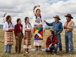 Painting depicting cultural diversity with Native American and Western elements