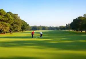 Golf players at a tournament practicing on the course