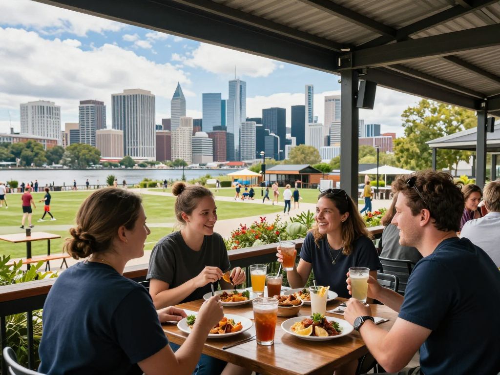 Outdoor patio at Birdies Icehouse with skyline view