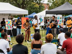 Community members engaging in Black History Month celebrations in Houston with art and music.