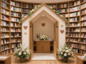 Couples exchanging vows in a cozy bookstore wedding chapel