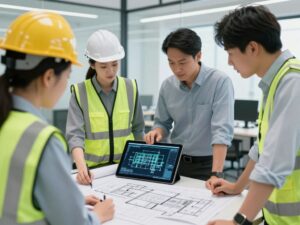 Engineers collaborating on building enclosure designs