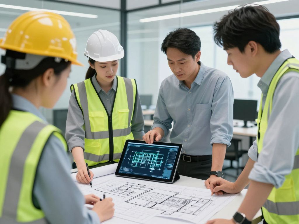 Engineers collaborating on building enclosure designs