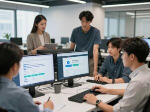 Team working on Conga CPQ software in an office setting