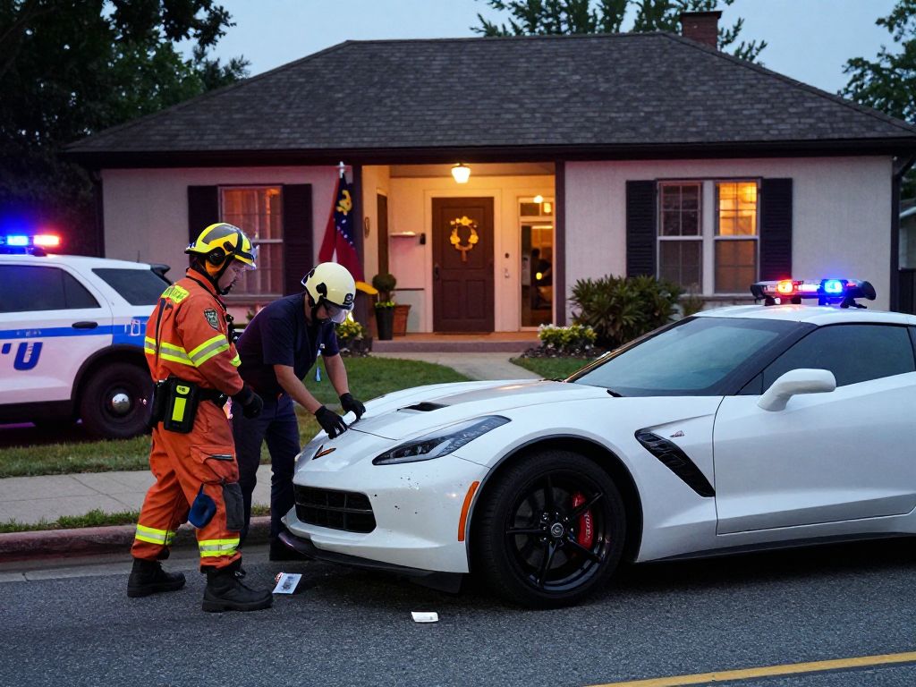 Crashed white Corvette outside Masonic Lodge with emergency services