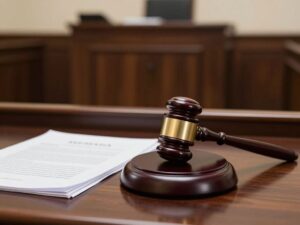 Courtroom setting with legal documents and gavel
