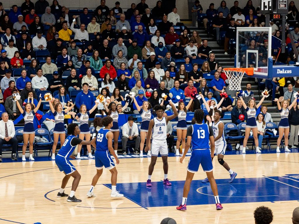 Action shot of a high school basketball game in Dallas with players and spectators