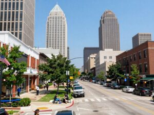 A view of downtown Houston with new developments and bustling activity.