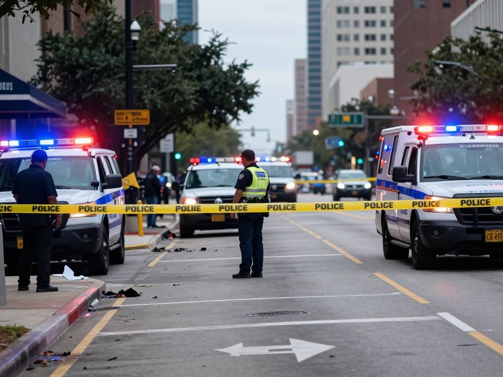 Scene of a DUI pedestrian crash in Midtown Houston with police presence.