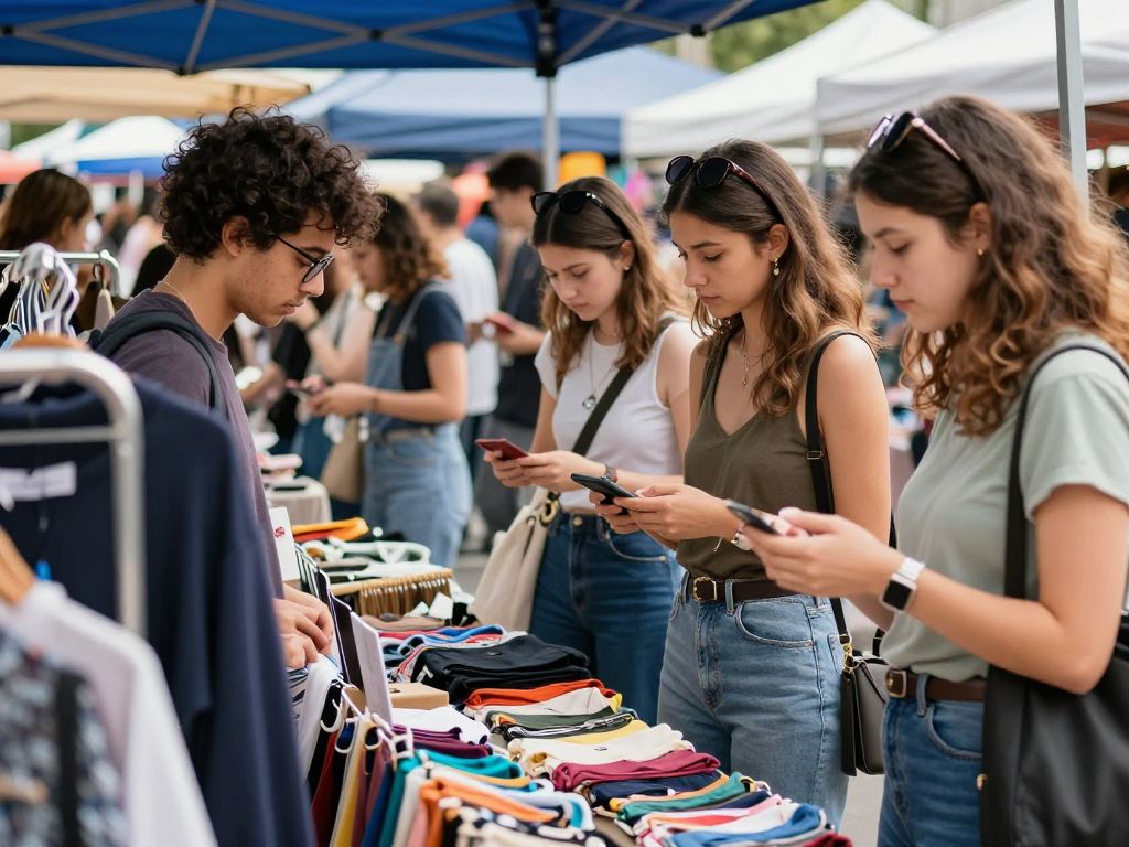 Marketplace scene of secondhand fashion items being browsed by young shoppers.