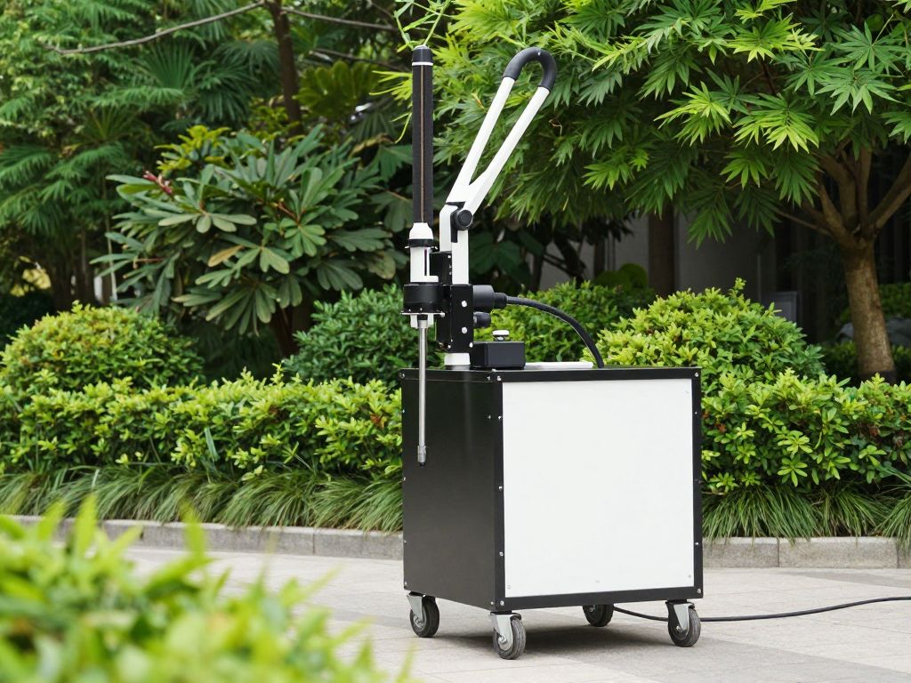 Mobile eco-friendly sandblasting vehicle working on a restoration project in a community setting.
