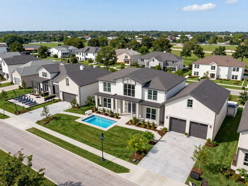 Aerial view of Evergrove community with modern homes and amenities