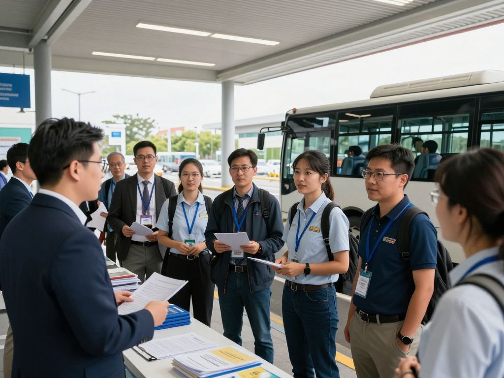 Participants at the Fort Bend ISD bus driver hiring event conversing with school representatives.