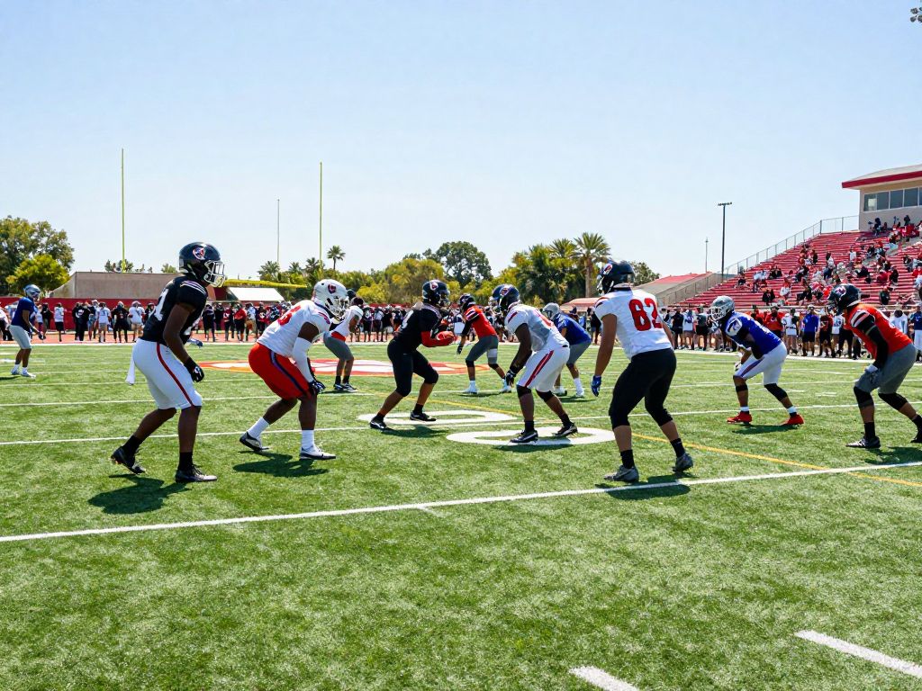 Vibrant scene of an American football field showcasing team practice.
