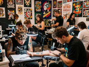 Tattoo studio filled with customers celebrating Friday the 13th