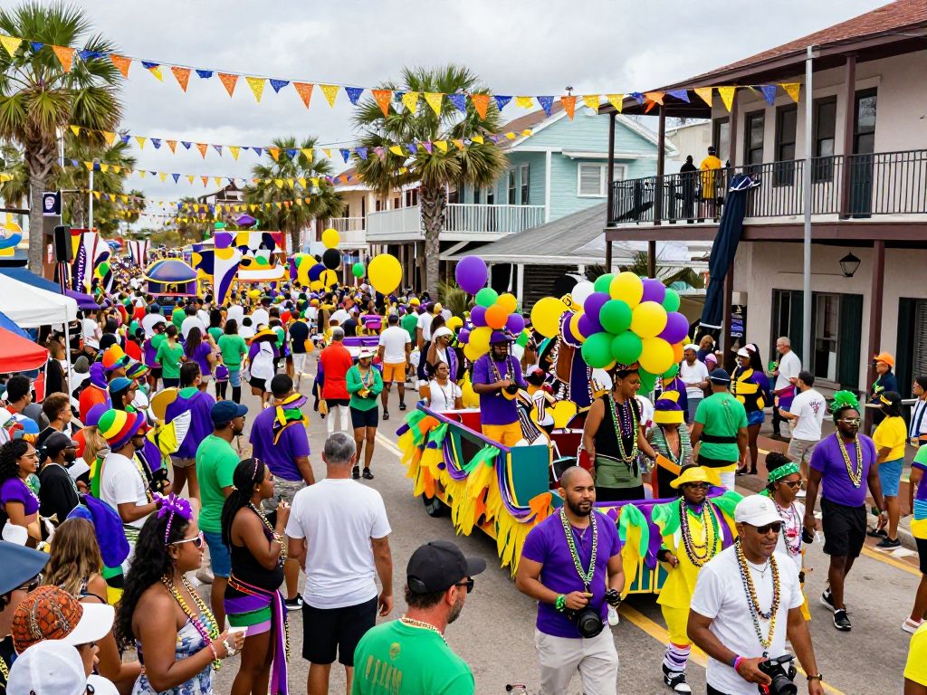 A lively scene from the Galveston Mardi Gras celebration showcasing parades and festive crowds.