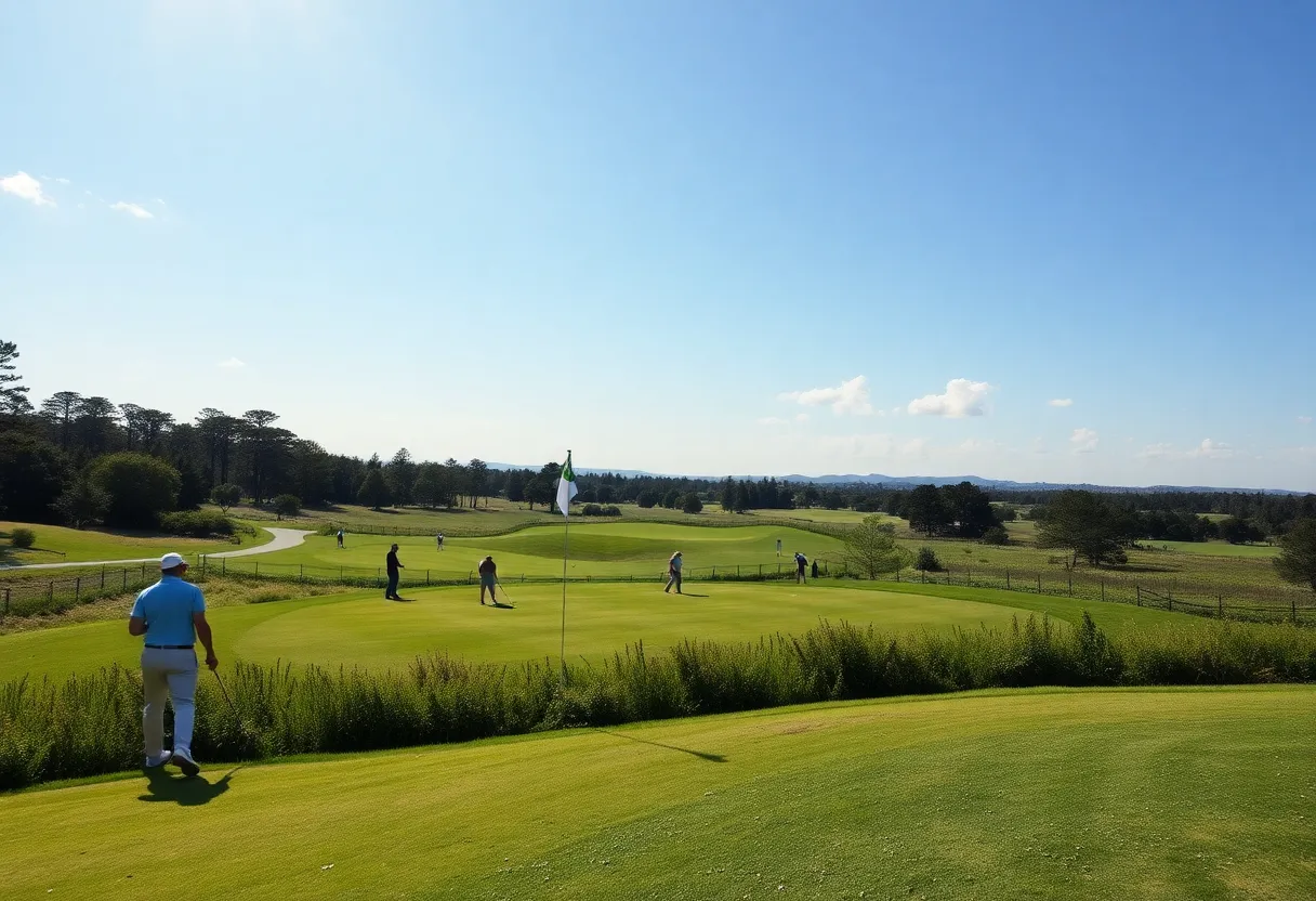 A sunny golf course with players practicing for a tournament