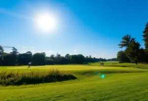 View of golfers playing on a beautiful golf course