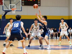 High school basketball players in action during a playoff game