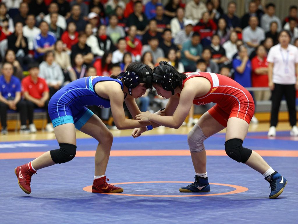 High school girls wrestling match with female athletes competing fiercely.